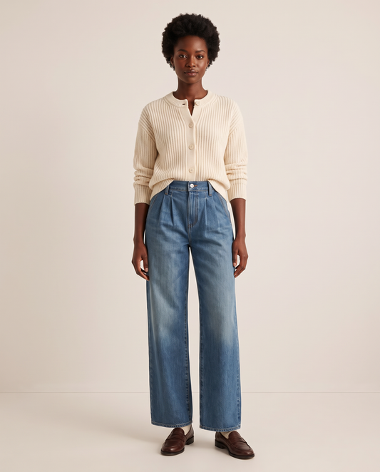 Woman wearing high-waisted pleated wide-leg jeans with a cream ribbed cardigan and brown loafers, studio front