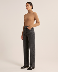 Black leopard print straight-leg jeans, three-quarter view