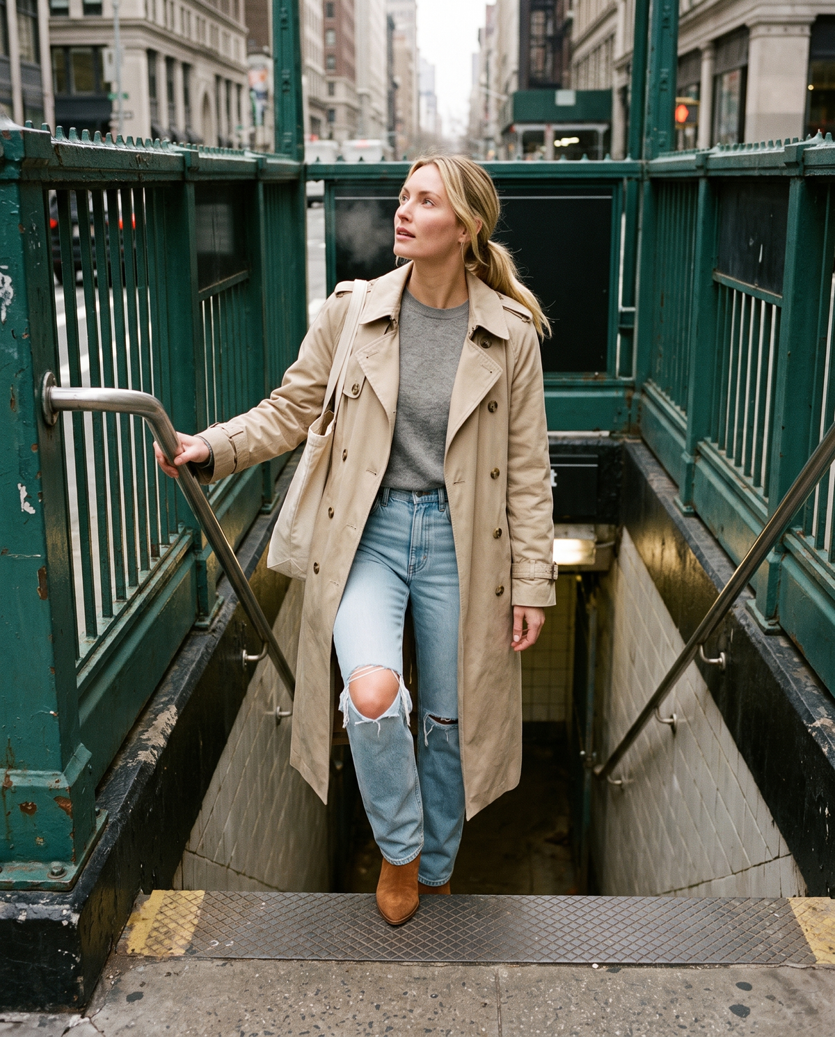 Woman in a beige trench coat and light blue ripped straight jeans coming up the stairs of a New York subway station