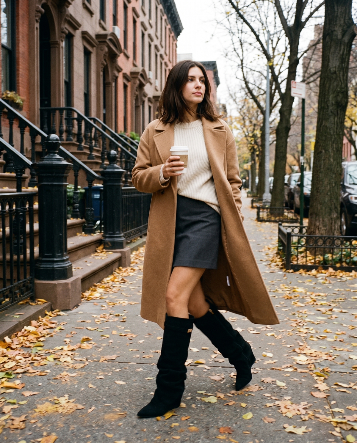 Women's Black Slouchy Suede Knee High Boots — worn on a New York brownstone street in autumn
