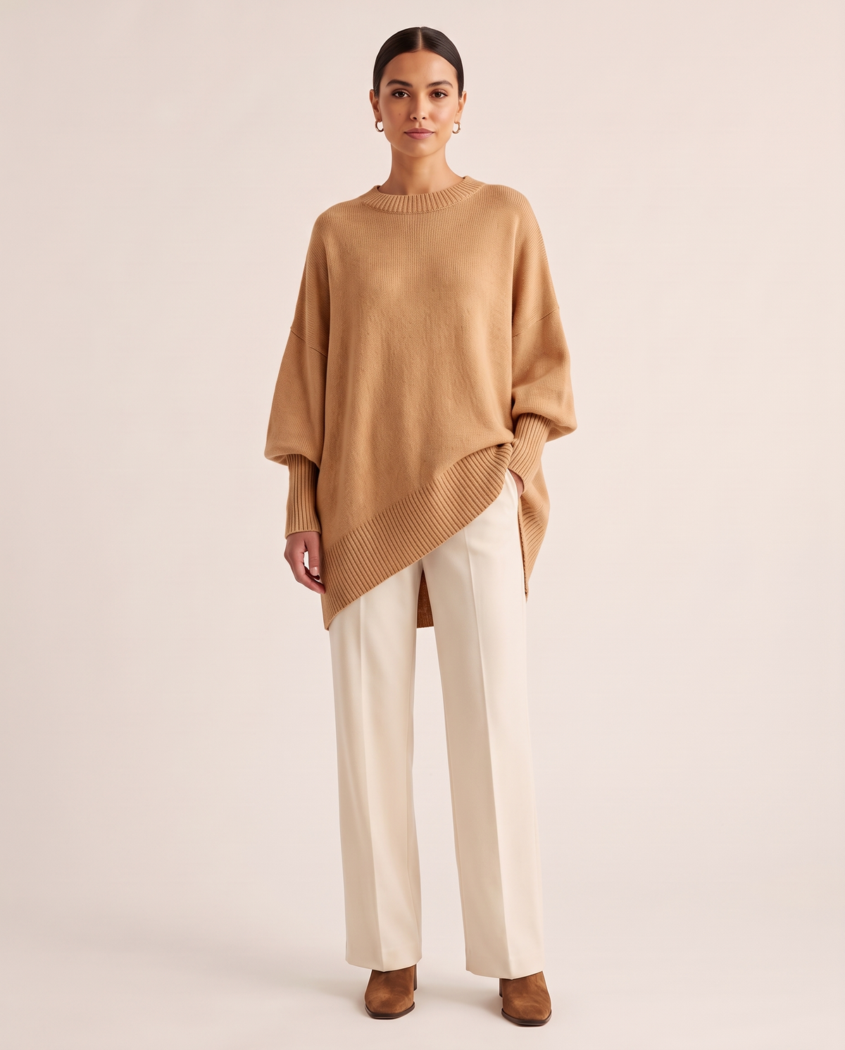 Women's Oversized Crew Neck Knit Sweater — caramel, studio front