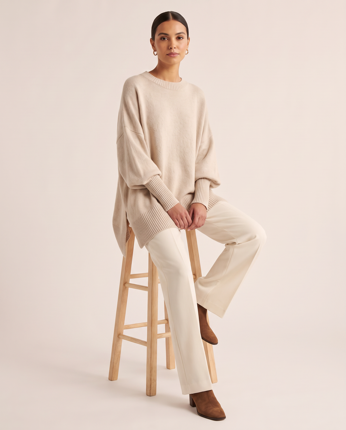 Women's Oversized Crew Neck Knit Sweater — worn seated