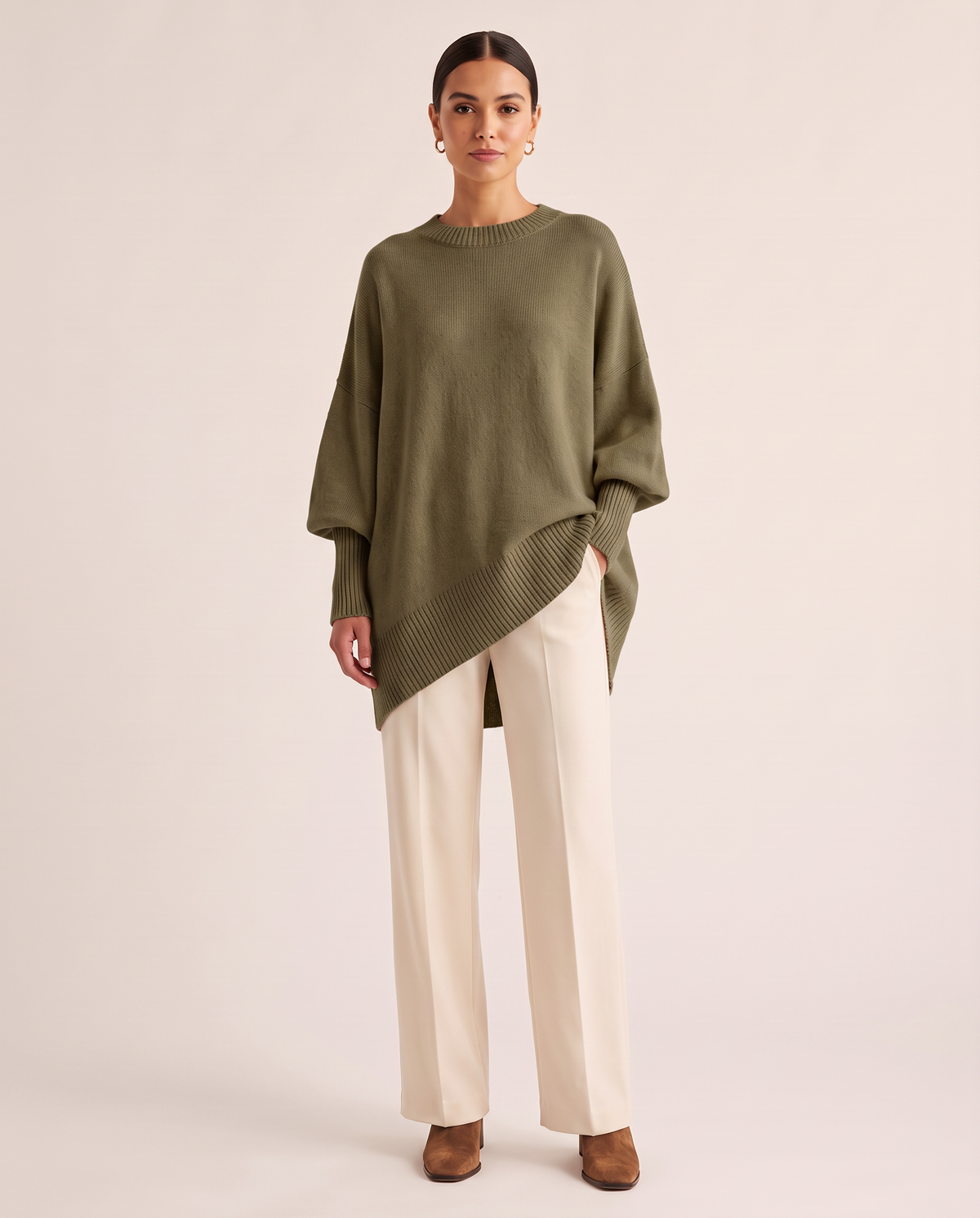 Women's Oversized Crew Neck Knit Sweater — olive green, studio front