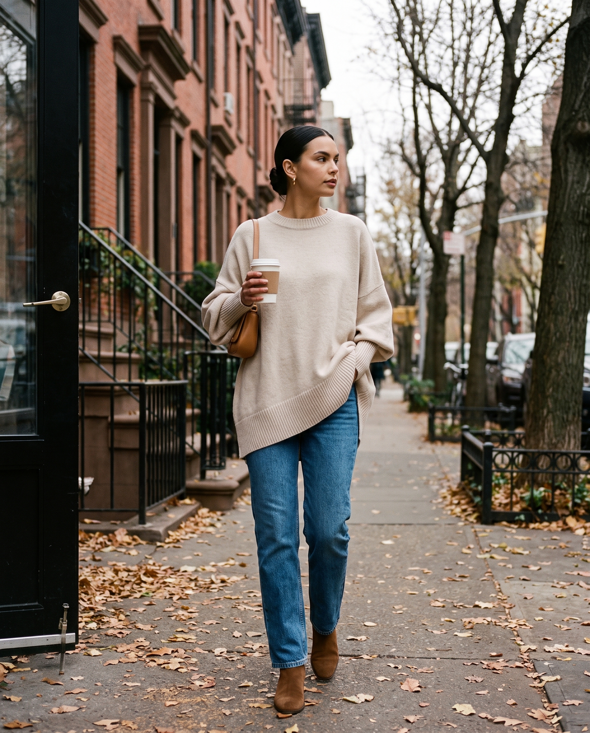 Women's Oversized Crew Neck Knit Sweater — worn leaving a West Village café in autumn