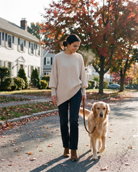 Women's Oversized Crew Neck Knit Sweater — walking a dog on a fall morning