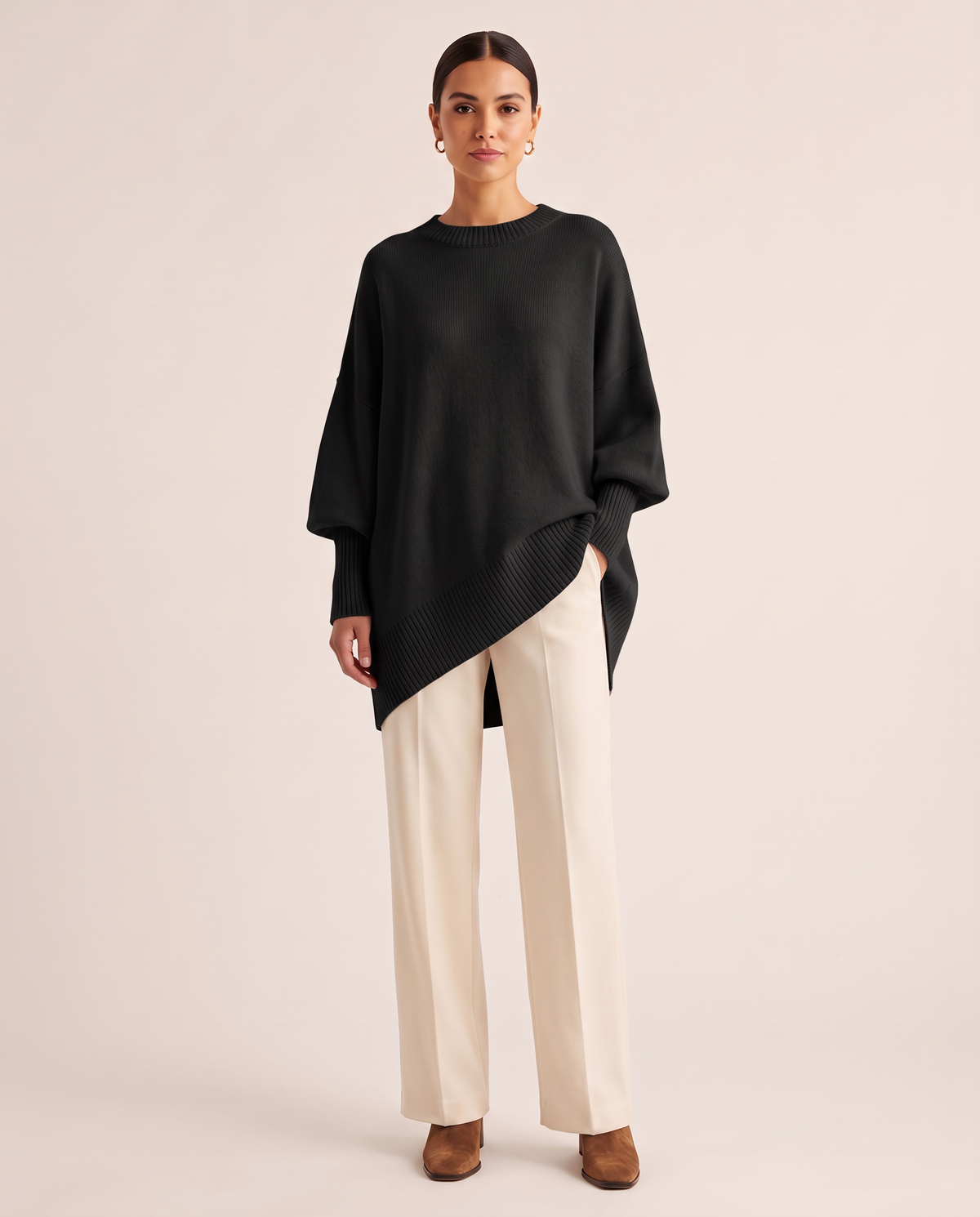 Women's Oversized Crew Neck Knit Sweater — black, studio front