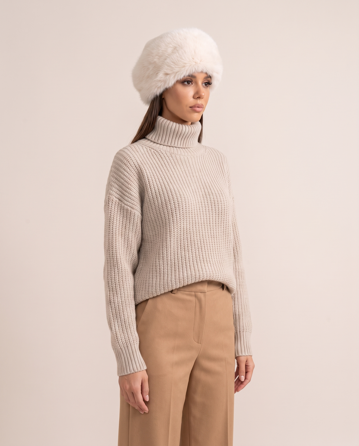 Ivory Faux Fur Hat with Wide Rolled Brim — side angle, worn