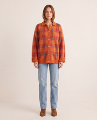 Women's Plaid Knit Cardigan with Collar — orange, studio front