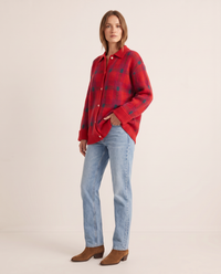 Women's Plaid Knit Cardigan with Collar — three-quarter view