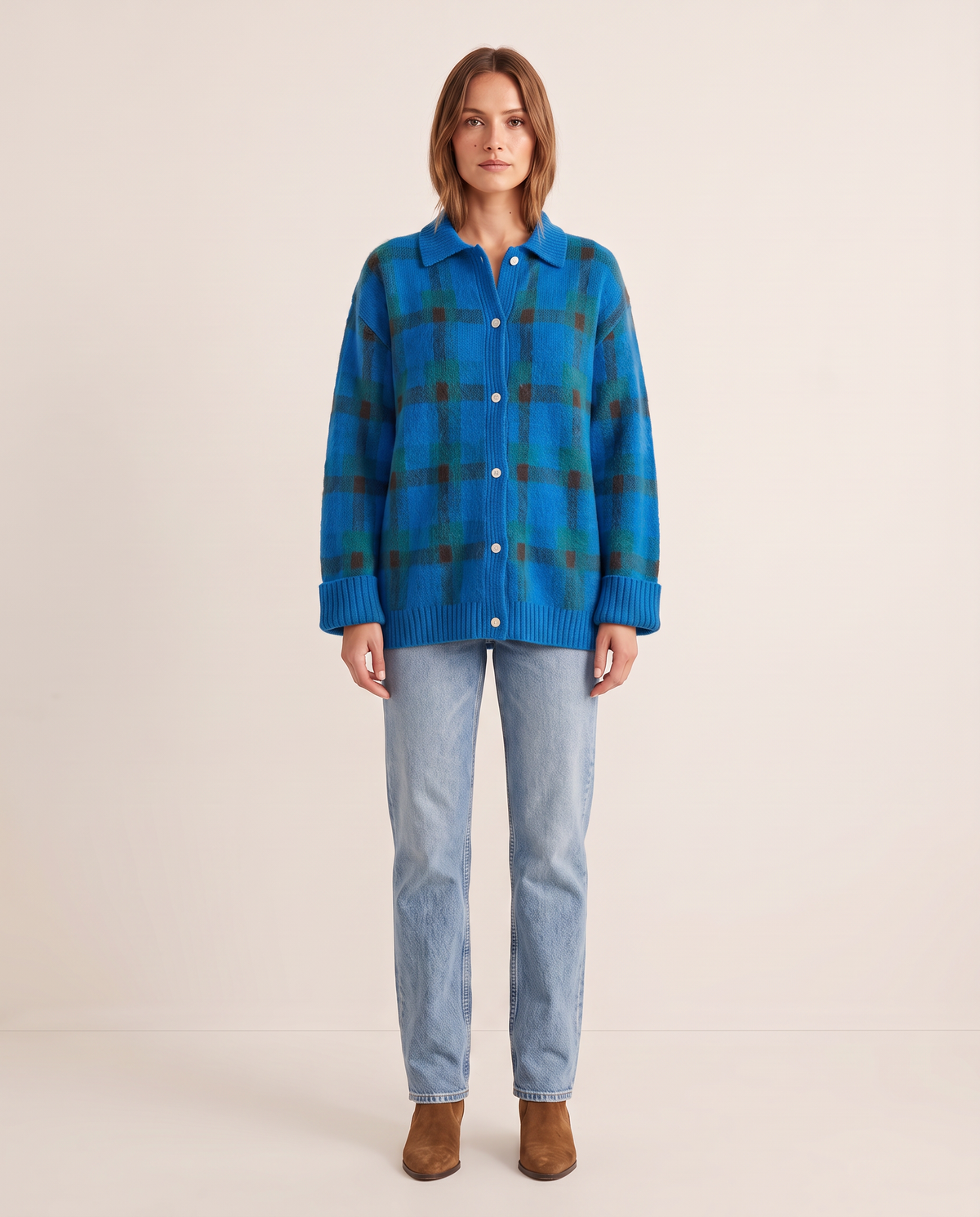 Women's Plaid Knit Cardigan with Collar — blue, studio front