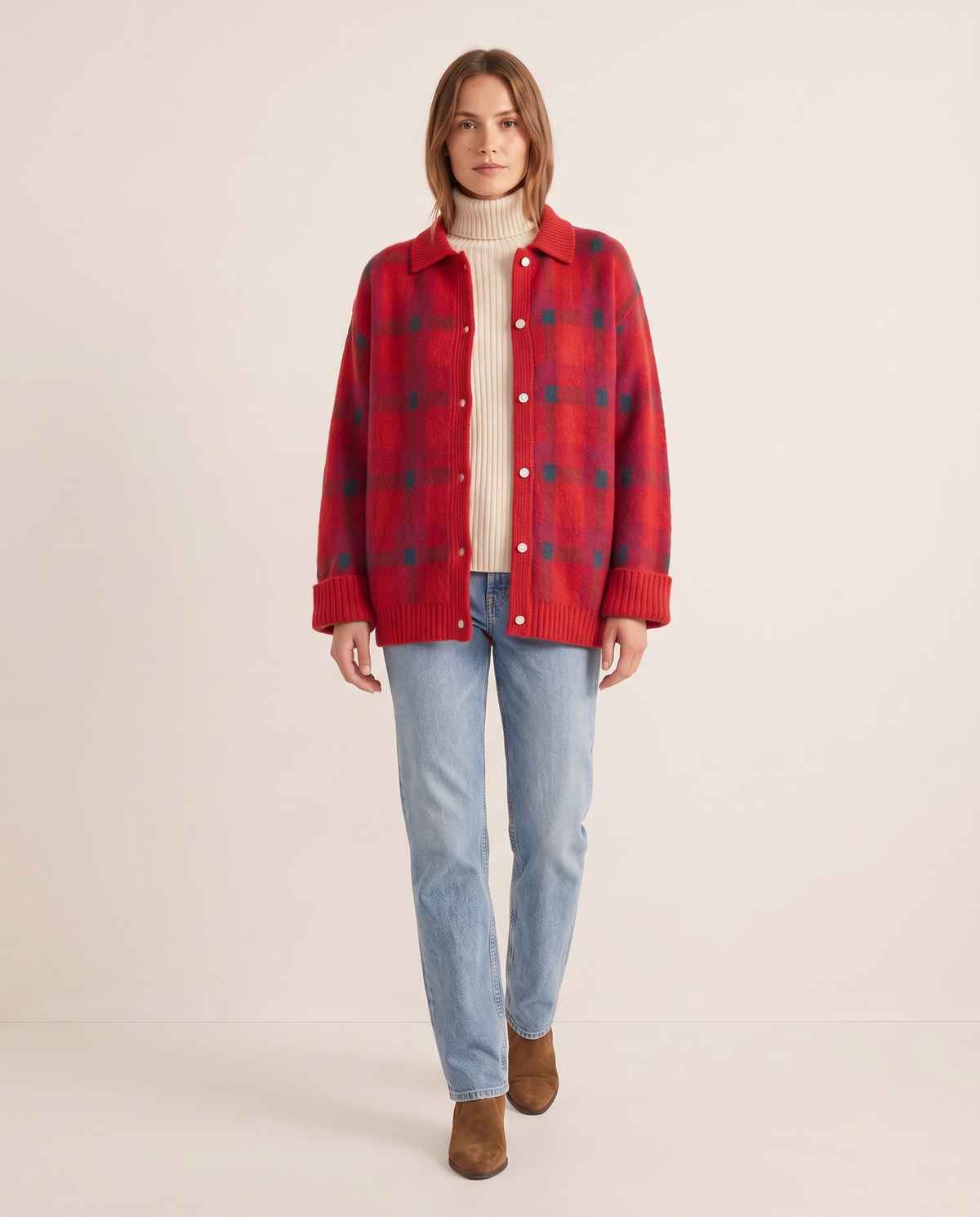 Women's Plaid Knit Cardigan with Collar — worn open over a turtleneck