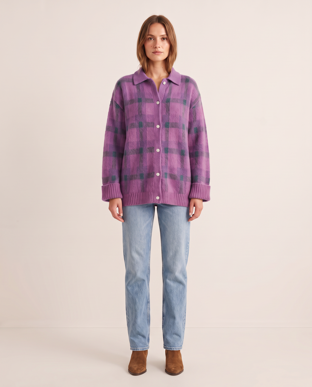 Women's Plaid Knit Cardigan with Collar — purple, studio front