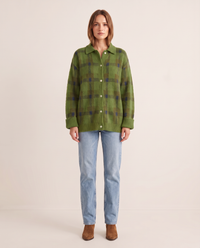 Women's Plaid Knit Cardigan with Collar — green, studio front
