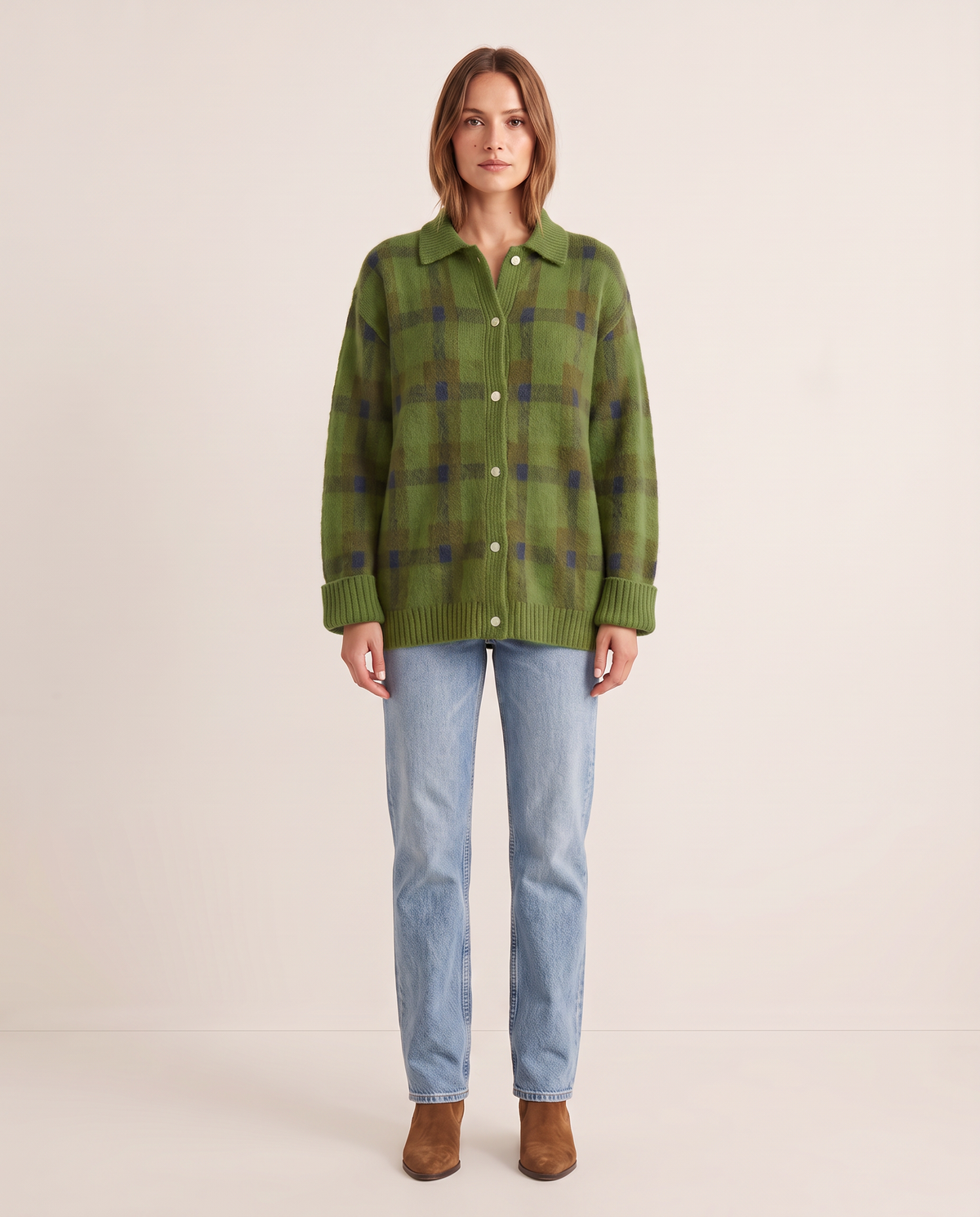 Women's Plaid Knit Cardigan with Collar — green, studio front