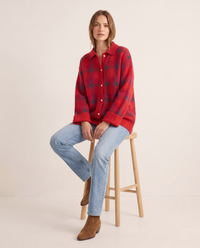 Women's Plaid Knit Cardigan with Collar — worn seated