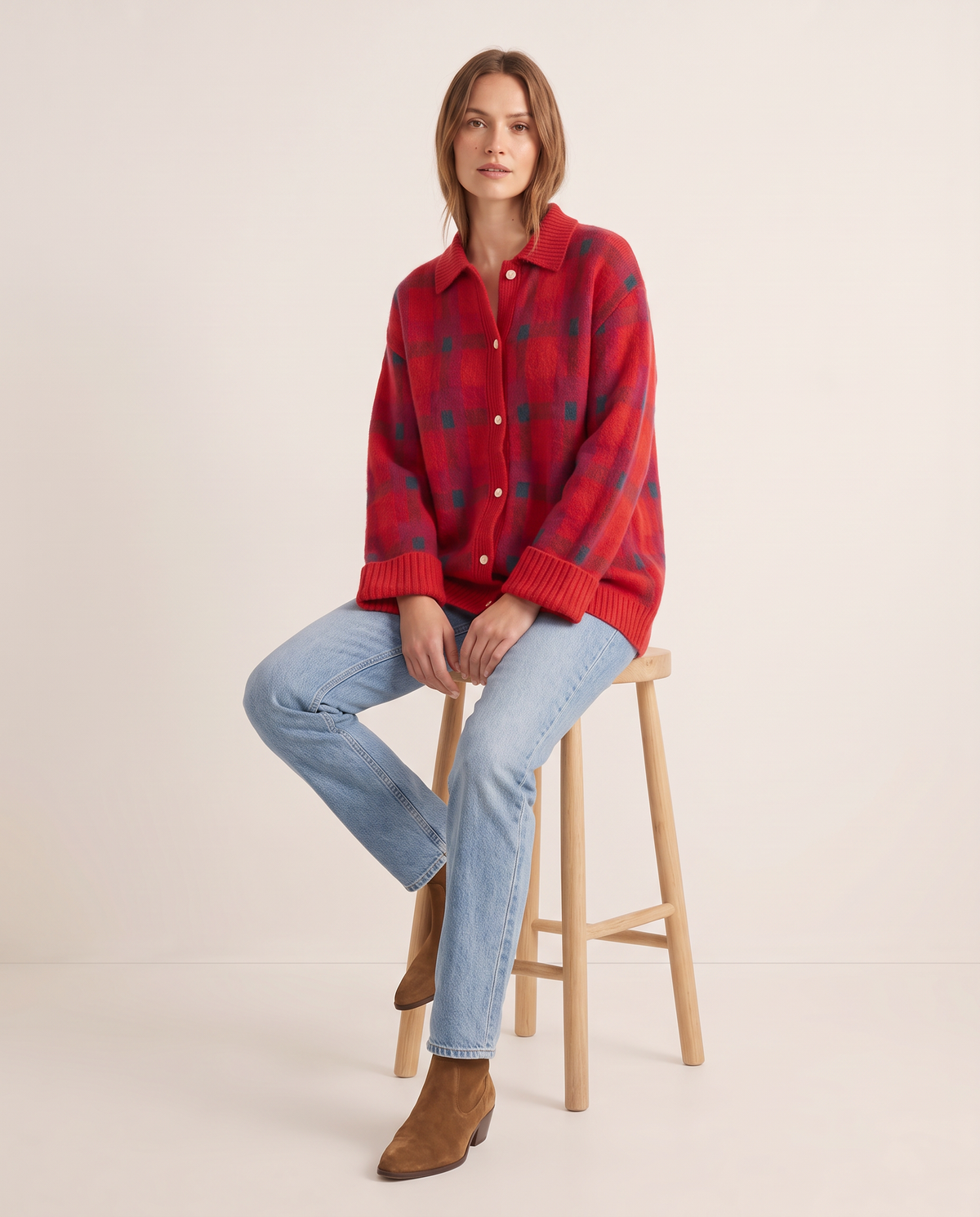 Women's Plaid Knit Cardigan with Collar — worn seated