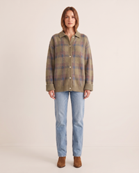Women's Plaid Knit Cardigan with Collar — brown, studio front