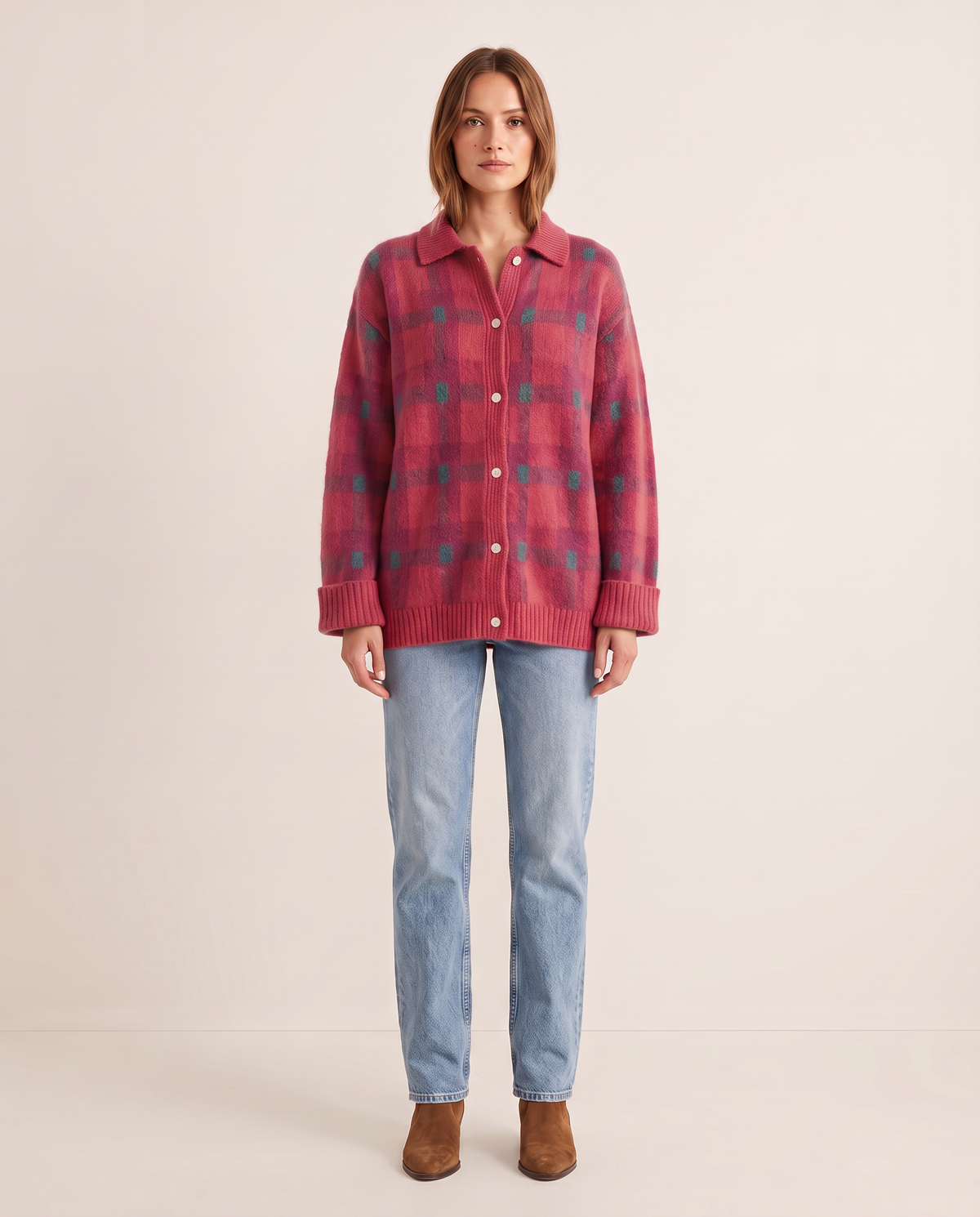 Women's Plaid Knit Cardigan with Collar — pink, studio front
