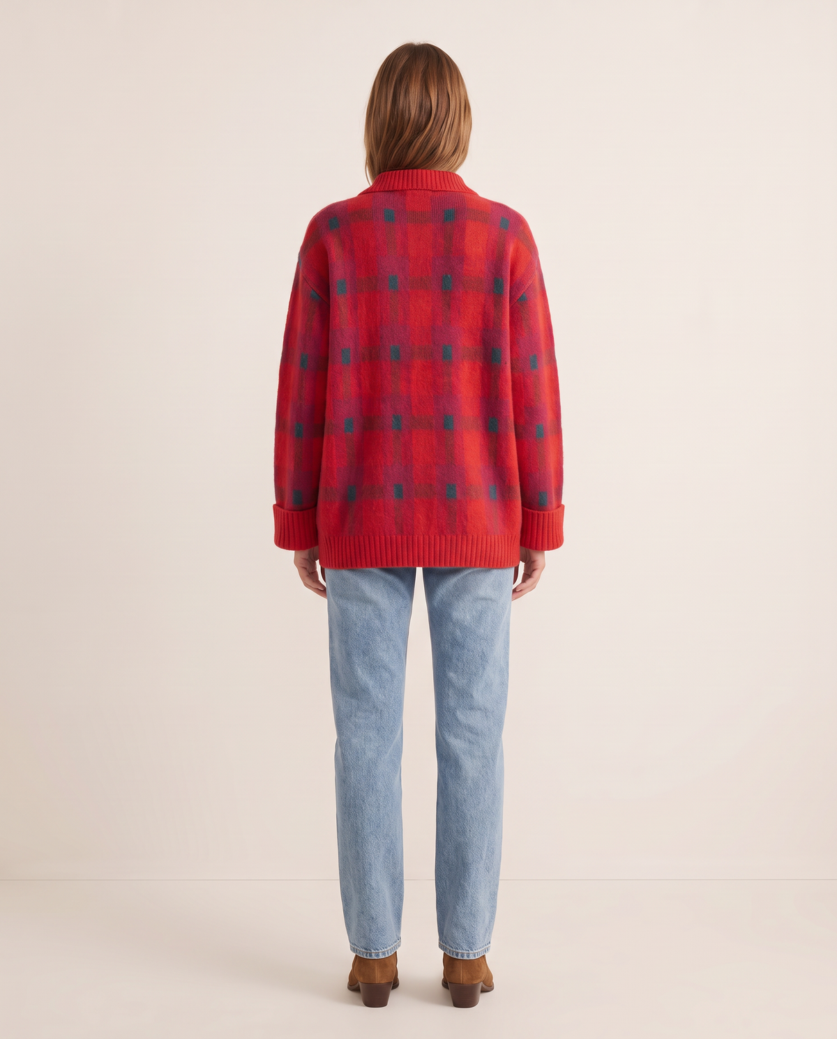 Women's Plaid Knit Cardigan with Collar — studio back