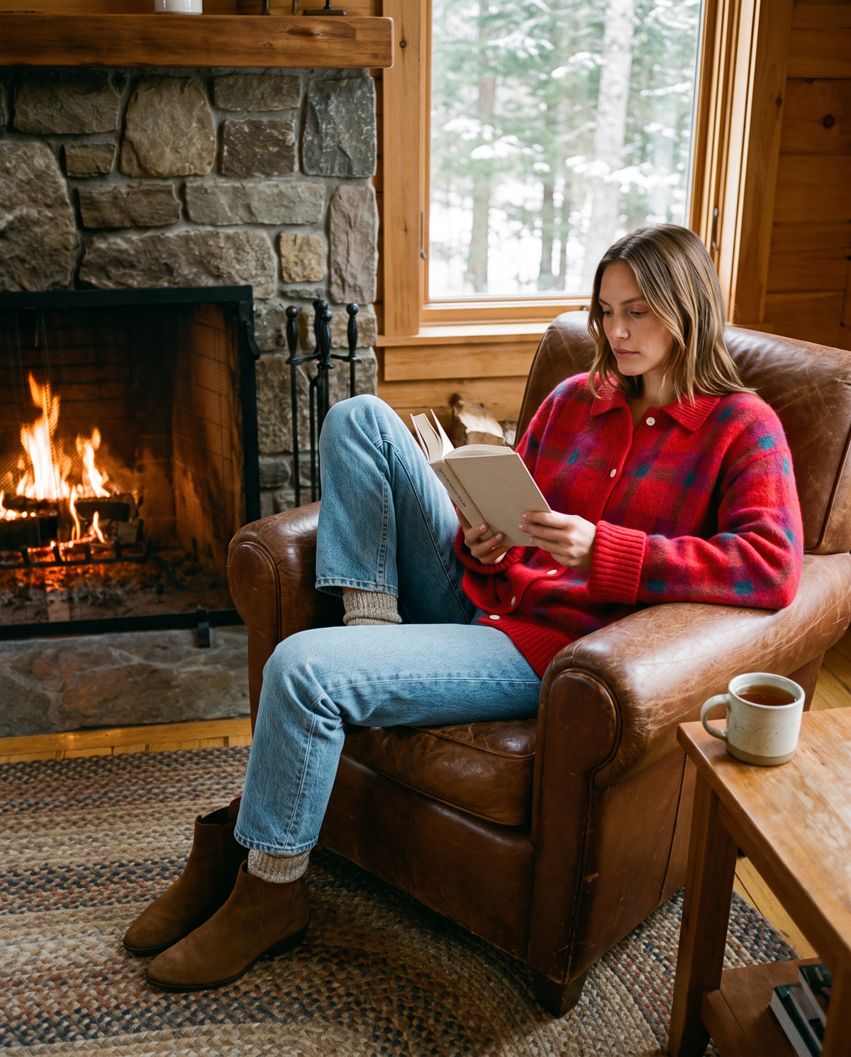 Women's Plaid Knit Cardigan with Collar — reading by the fire in a Vermont cabin