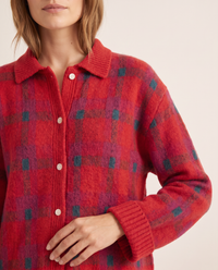 Women's Plaid Knit Cardigan with Collar — collar, buttons, knit texture and ribbed cuff detail
