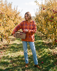 Women's Plaid Knit Cardigan with Collar — apple picking in an October orchard