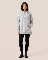 Oversized Hoodie Dress — studio front, heather gray