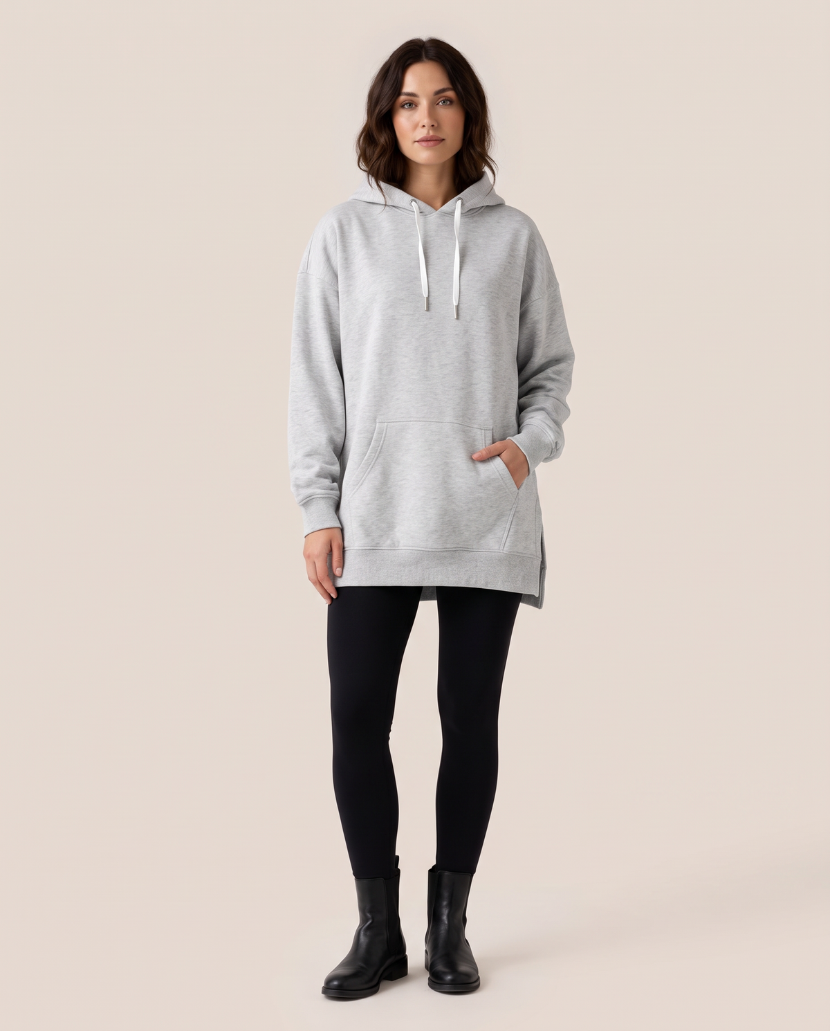 Oversized Hoodie Dress — studio front, heather gray