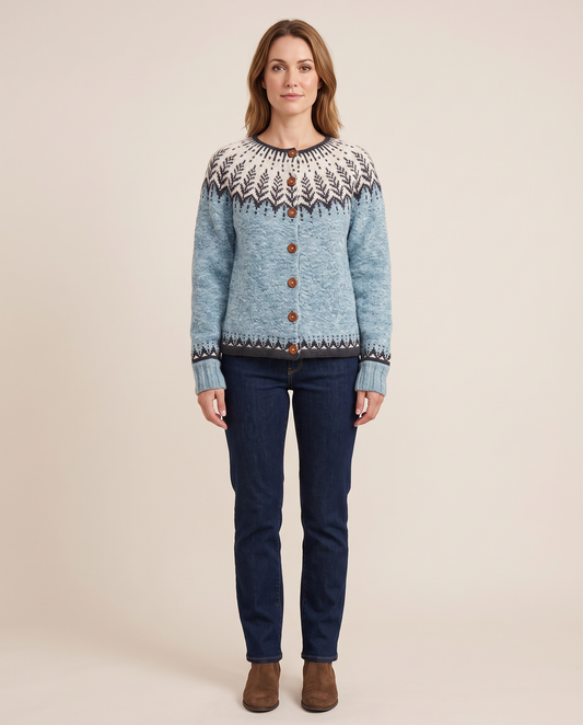 Women's Fair Isle Cardigan, Icelandic Nordic Knit — studio front