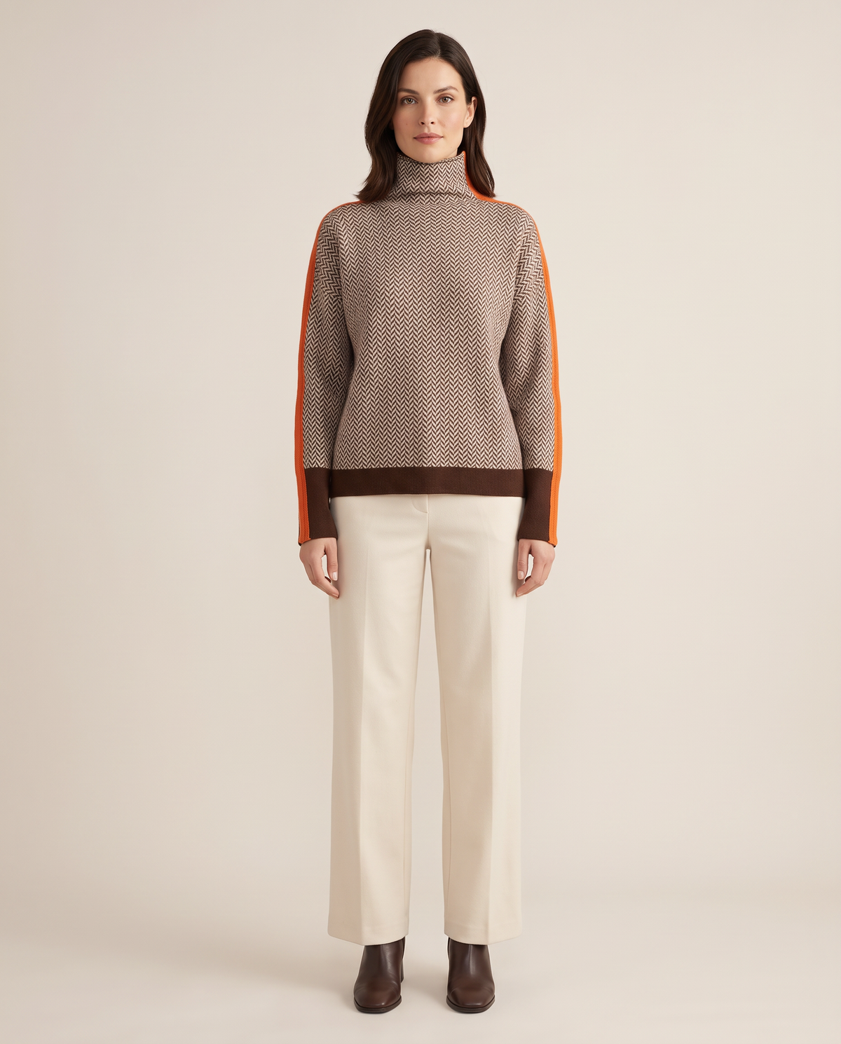 Striped Herringbone Turtleneck Sweater — studio front