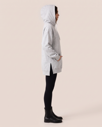 Oversized Hoodie Dress — side view with hood up and side slit