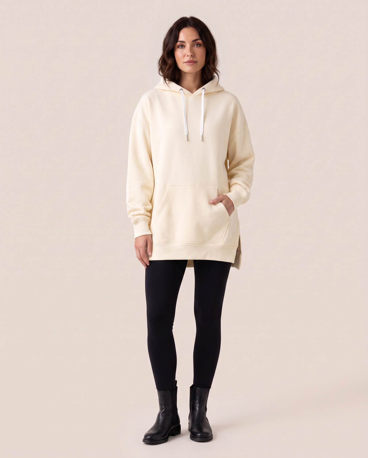 Oversized Hoodie Dress — cream, studio front