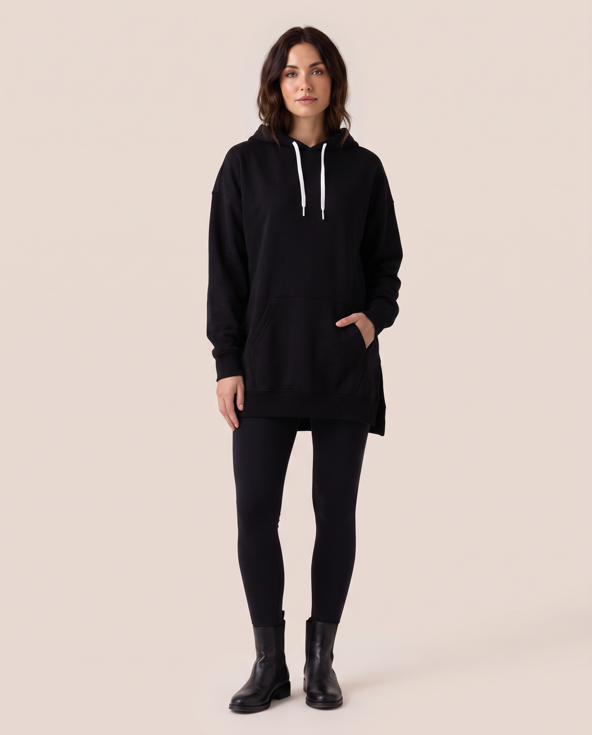 Oversized Hoodie Dress — black, studio front