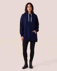 Oversized Hoodie Dress — navy blue, studio front