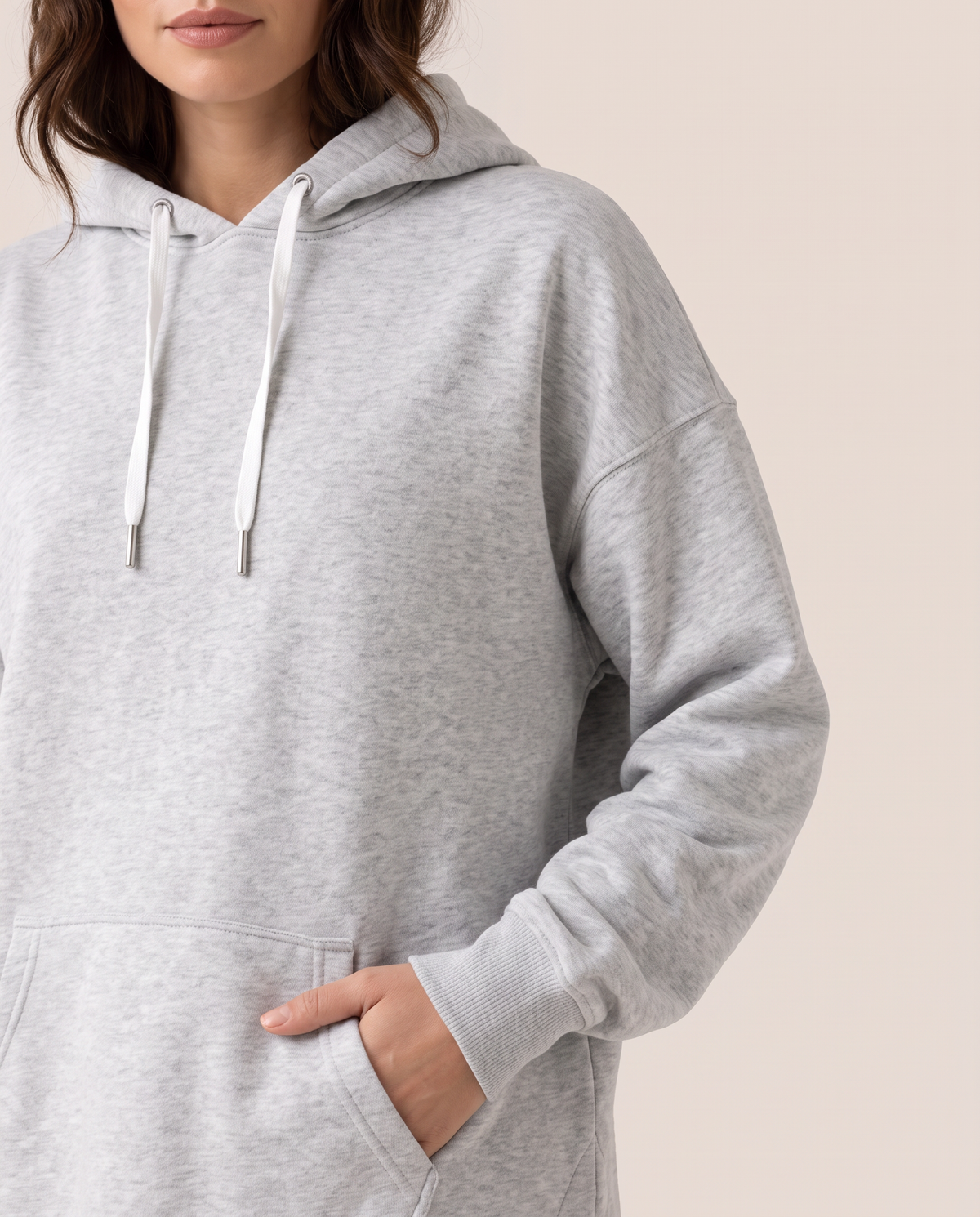 Oversized Hoodie Dress — hood drawstrings, kangaroo pocket and ribbed cuff detail