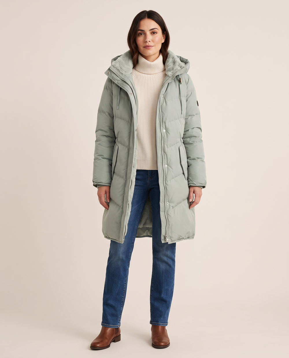 Women's Long Winter Coat with Faux Fur Lined Hood — studio front