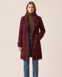 Women's Plaid Wool Blend Coat, Check Overcoat — burgundy, studio front