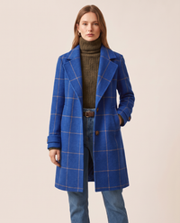Women's Plaid Wool Blend Coat, Check Overcoat — royal blue, studio front