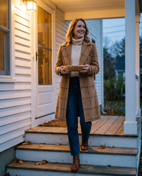Women's Plaid Wool Blend Coat, Check Overcoat — camel, arriving at Thanksgiving dinner with a pie