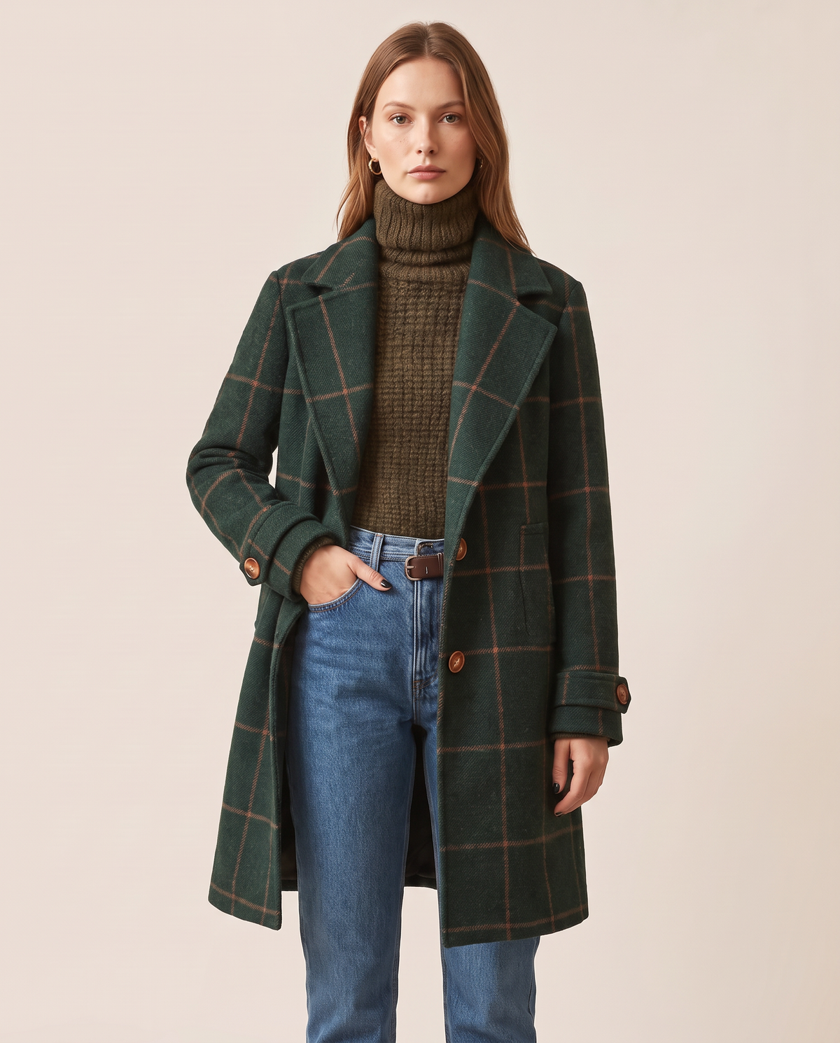 Women's Plaid Wool Blend Coat, Check Overcoat — forest green, studio front