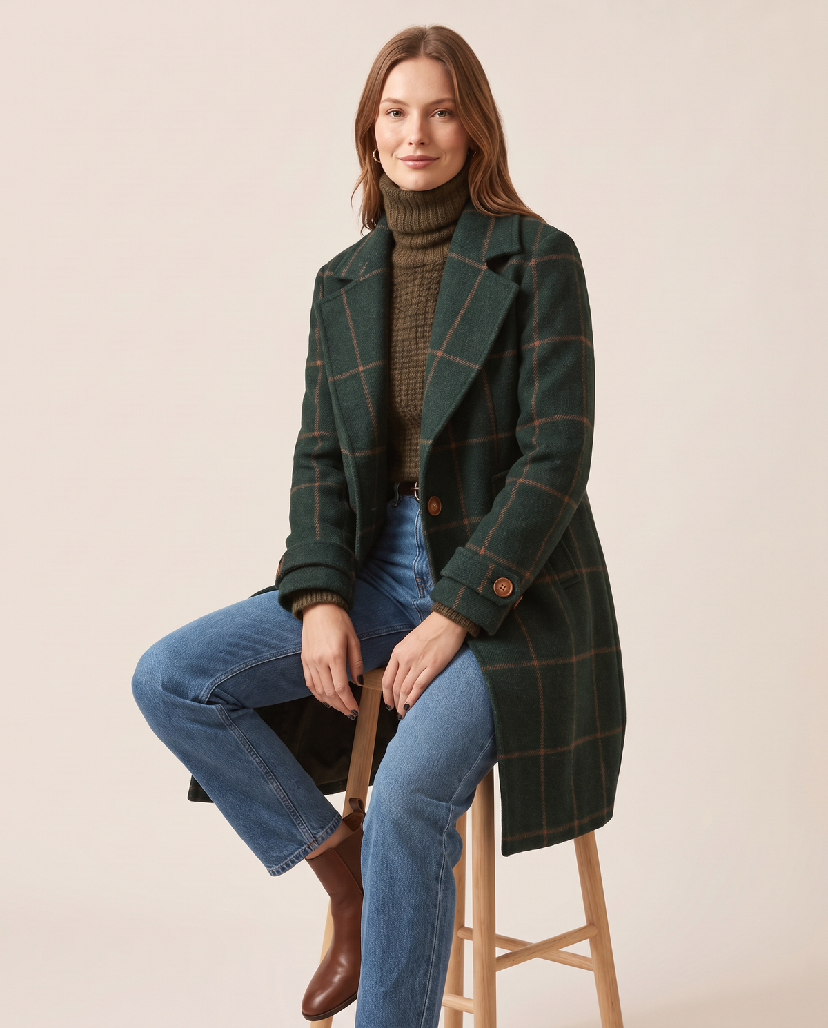 Women's Plaid Wool Blend Coat, Check Overcoat — worn seated