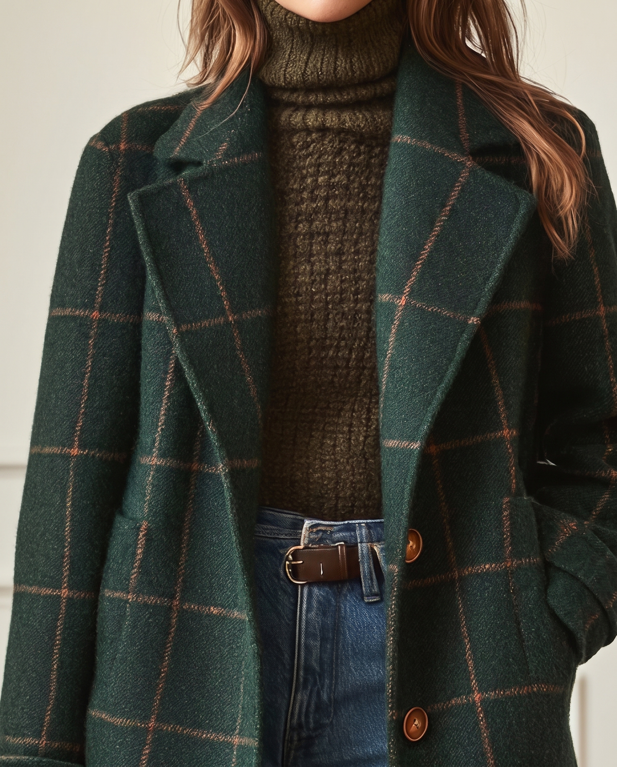 Women's Plaid Wool Blend Coat, Check Overcoat — lapel, buttons and windowpane check detail