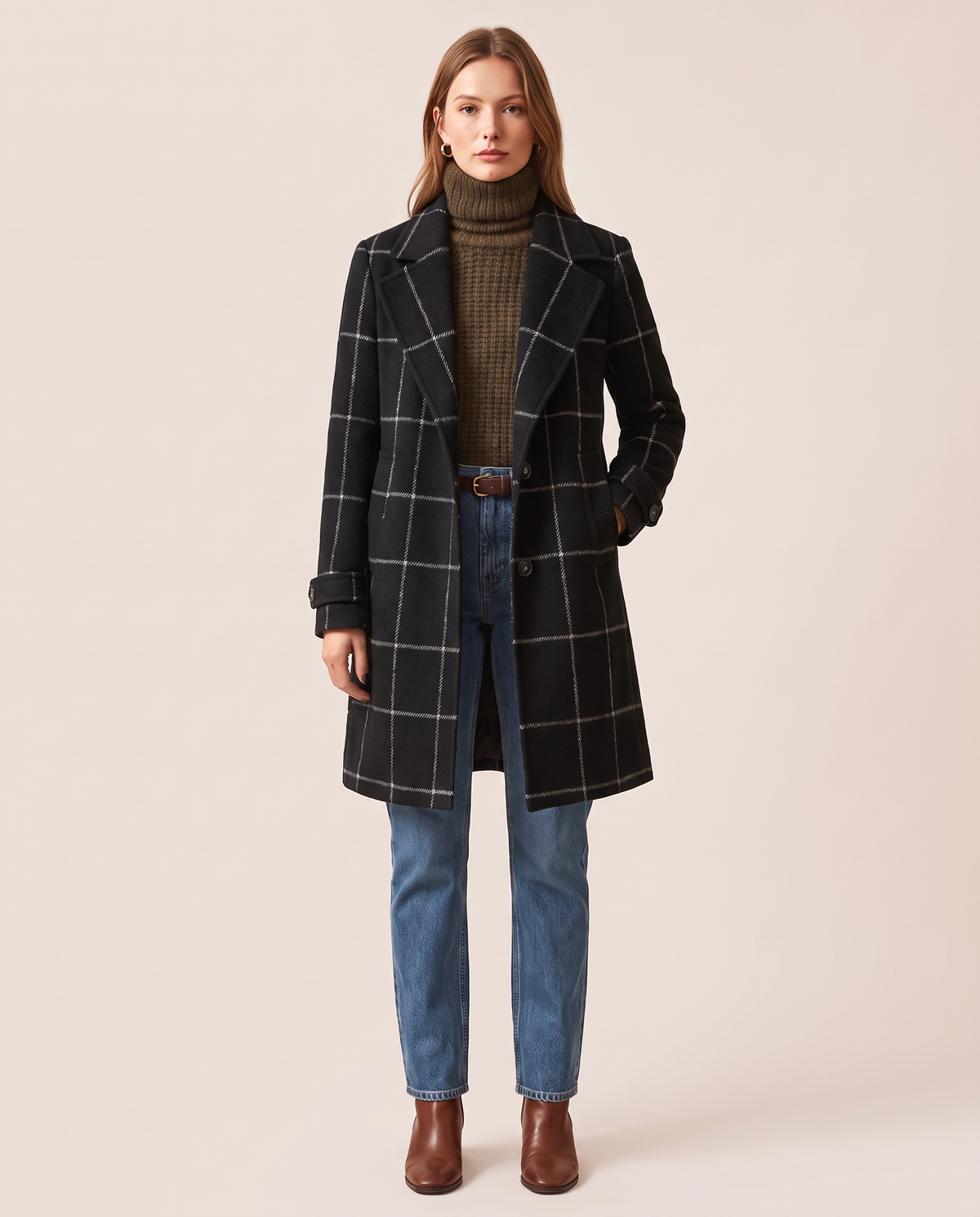 Women's Plaid Wool Blend Coat, Check Overcoat — black, studio front