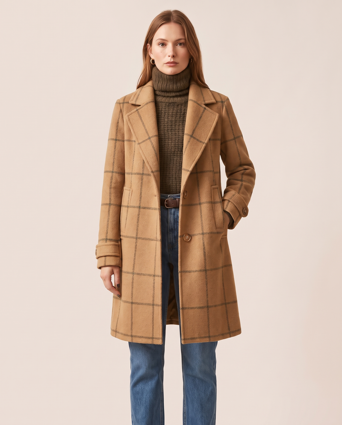 Women's Plaid Wool Blend Coat, Check Overcoat — camel, studio front