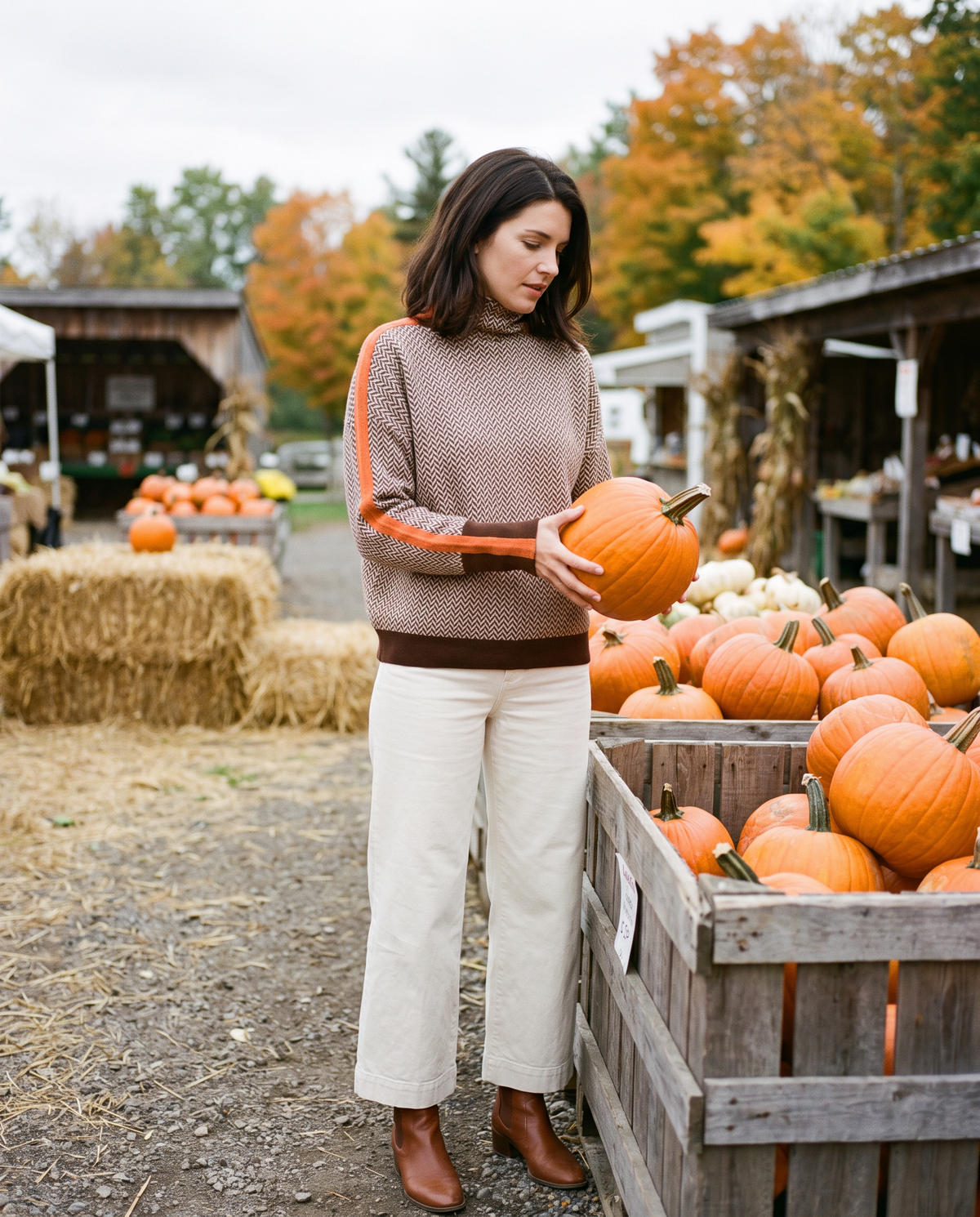 Striped Herringbone Turtleneck Sweater — worn at a Hudson Valley farmers market in fall