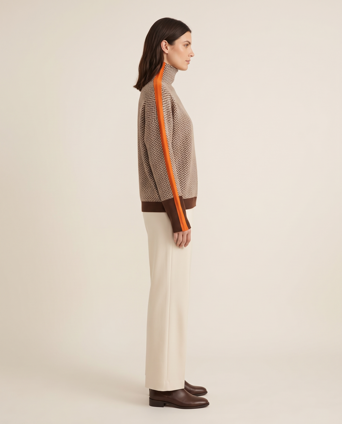 Striped Herringbone Turtleneck Sweater — side profile showing the sleeve stripe