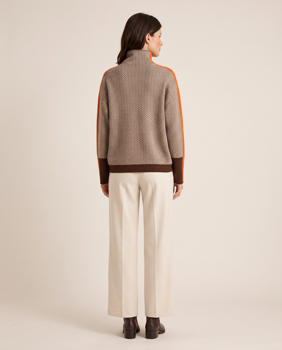 Striped Herringbone Turtleneck Sweater — studio back