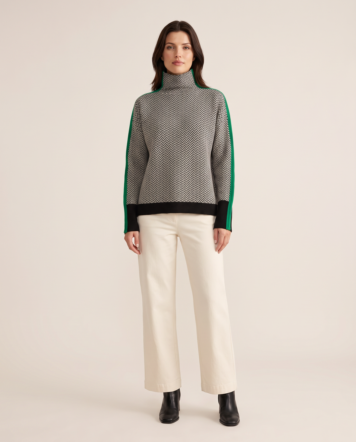 Striped Herringbone Turtleneck Sweater — green, studio front