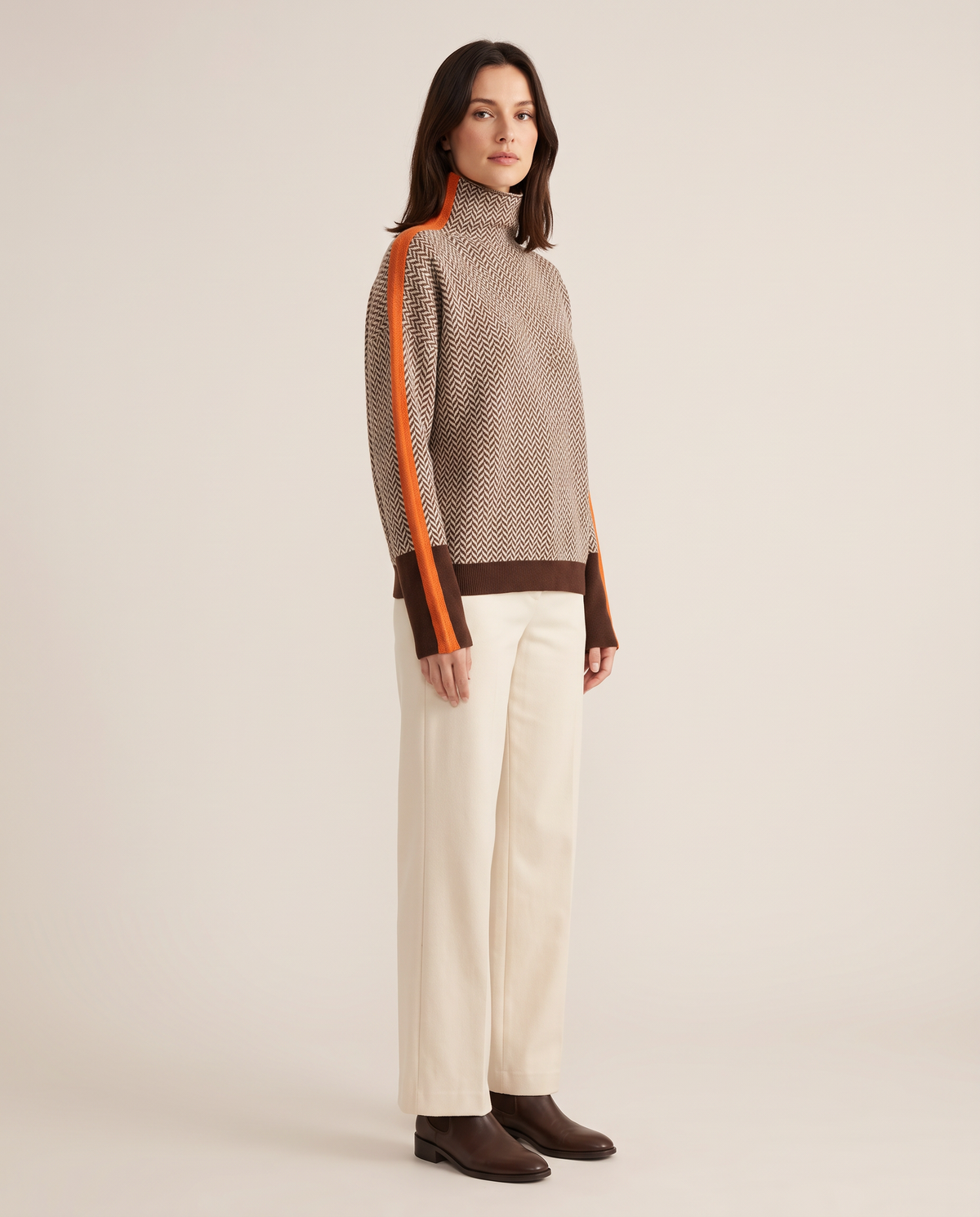 Striped Herringbone Turtleneck Sweater — three-quarter view