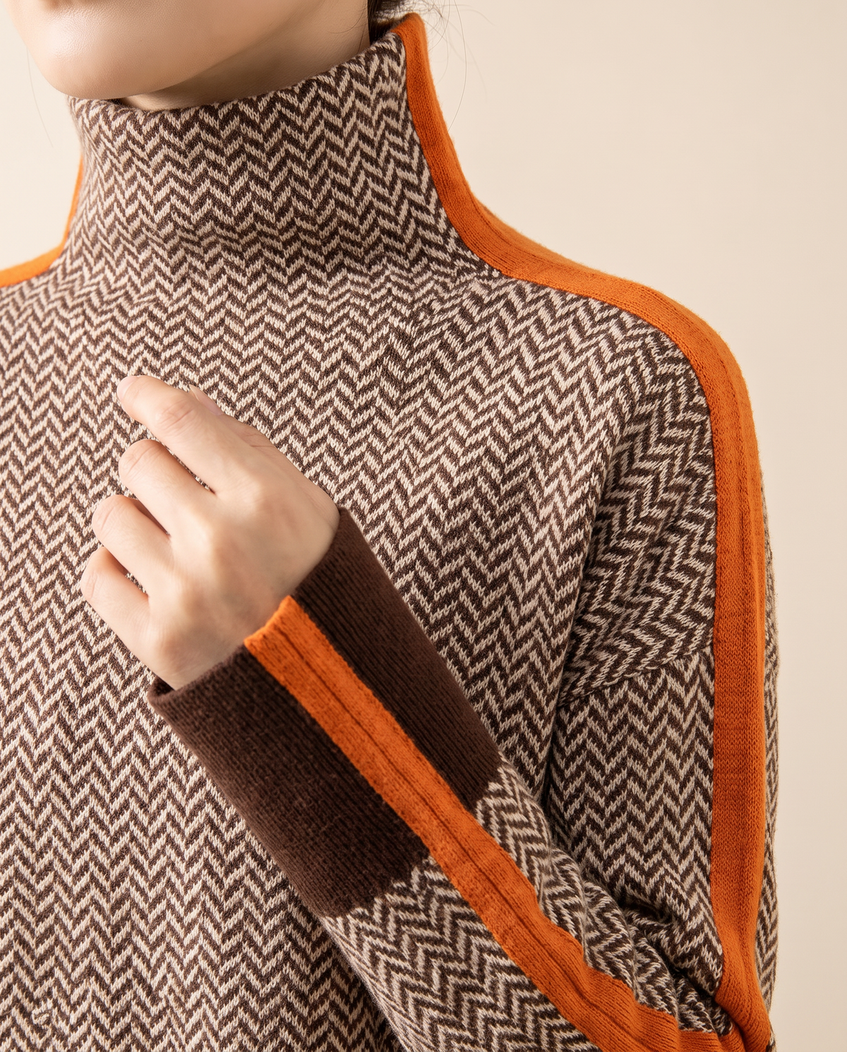 Striped Herringbone Turtleneck Sweater — turtleneck, sleeve stripe and ribbed cuff detail